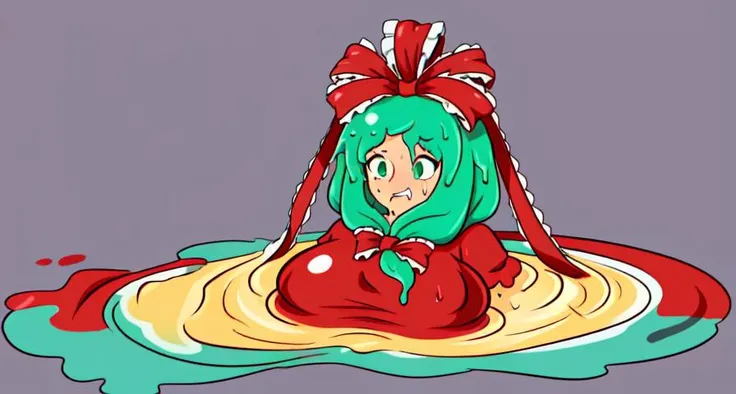 (melting:1.85),(dripping,sweat,wet:1.3),<lora:melting:1>,<lora:KagiyamaHina:1>,kagiyama hina,1girl, gown,red dress,floor-length dress,closed mouth,forced smile, green hair, green eyes, front ponytail,ribbon, frills, hair ribbon, arm ribbon, short sleeves, standing,white background, simple background, full body,gigantic breasts