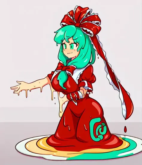(melting:1.6),(dripping,sweat,wet:1.3),<lora:melting:1>,<lora:KagiyamaHina:1>,kagiyama hina,1girl, gown,red dress,floor-length dress,closed mouth,forced smile, green hair, green eyes, front ponytail,ribbon, frills, hair ribbon, arm ribbon, short sleeves, standing,white background, simple background, full body,gigantic breasts