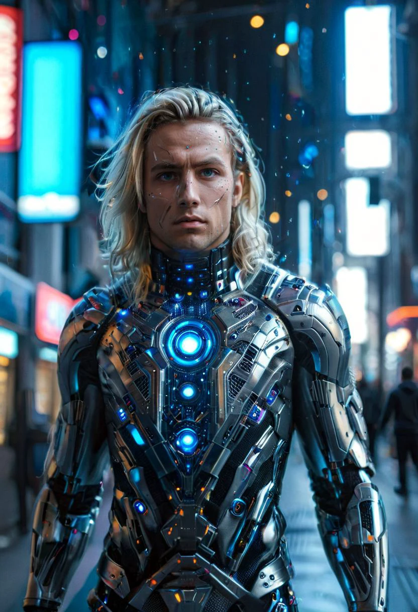 (masterpiece), (best quality), android, cinematic lighting, full-body portrait, a handsome young muscular 23yo man with perfect face and perfectly chiseled body, long ash blonde hair, background is a city scene, bokeh, highly detailed, tattered clothes, Fujifilm XT-4, make his face wrinkle free, make his hair more stylish and clear skin <lora:Essenz - Better Photography:0.55> photo in phst artstyle <lora:zavy-dtchngl-sdxl:0.55> zavy-dtchngl <lora:TechWear:0.75> techwear <lora:Castle_manor:0.55> <lora:JJsStreetScape_XL:0.55> StreetScape <lora:CardboardStyle:0.55> CardboardStyle <lora:anamorphic bokeh style:0.75> anamorphic bokeh style, oval bokeh style, anamorphic blur background style, special effect bokeh style, anamorphic lens distortion style, anamorphic film style <lora:Futuristic Fantasy:0.95> futuristic, metal adorning, glowing color inside, hollow inside, glossy <lora:NaviDiscoTechXL:0.55> discotech , scifi, uv blacklights, masterful composition, dynamic volumetric lighting, realistic  ray_tracing, reflection, hyperrealistic, shallow depth of field, f/2.4, bokeh,