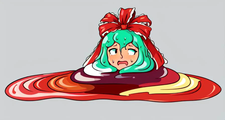 (melting:2),(dripping,sweat,wet:1.3),<lora:melting:1>,<lora:KagiyamaHina:1>,kagiyama hina,1girl, gown,red dress,floor-length dress,green hair, frills, hair ribbon, (white background:1.3), simple background