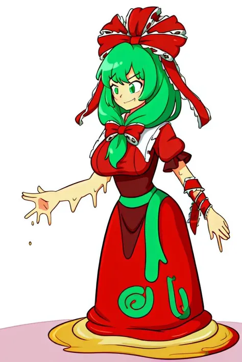 melting,dripping,sweat,wet,<lora:melting:1>,<lora:KagiyamaHina:1>,kagiyama hina,1girl, gown,red dress,floor-length dress,closed mouth,forced smile, green hair, green eyes, front ponytail,ribbon, frills, hair ribbon, arm ribbon, short sleeves, standing,white background, simple background, full body,gigantic breasts