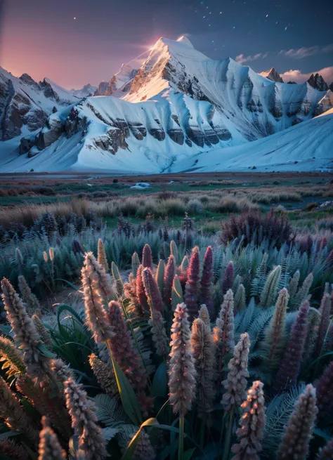 snow mountain, purple timothy grass, (masterpiece),((ultra-detailed)), (highly detailed CG illustration),(expressionless), (best quality:1.2), High quality texture, intricate details, detailed texture, High quality shadow, Cinematic Light, Depth of field, light source contrast, perspective,20s, (ulzzang-6500-v1.1:0.5), <lora:epi_noiseoffset2:1>, <lora:add_detail:0.8>,