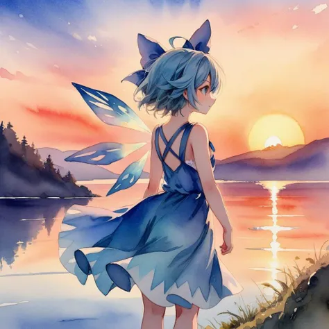 cirno, 1girl,
back turned to viewer, arms stretched, sunset, fairy wings, watercolor painting, 
<lora:cirno_image8906_2023-12-11:1>