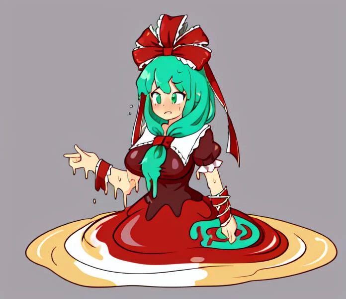 (melting:1.8),(dripping,sweat,wet:1.3),<lora:melting:1>,<lora:KagiyamaHina:1>,kagiyama hina,1girl, gown,red dress,floor-length dress,closed mouth,forced smile, green hair, green eyes, front ponytail,ribbon, frills, hair ribbon, arm ribbon, short sleeves, standing,white background, simple background, full body,gigantic breasts