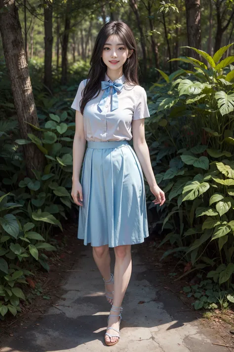 a cute girl,20 yo,Light Blue eyes, black hair, Long Bohemian Hairstyle, wearing (Sky Blue) A-line skirt and blouse, at A dark, mysterious forest with twisted branches and creeping vines, front view, earrings,bowtie, during midday,Cinematic lighting , ((masterpiece)), (best quality), (highres), original, extremely detailed 8K , (photorealistic:1.4),flawless face, perfect eyes,symmetrica body shape,(full body),smile,<lora:add_detail:0.6>,<lora:cutieMixGirl_V1:0.6>