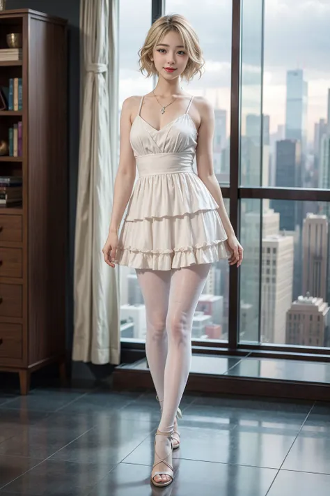 a cute girl,20 yo,Blue eyes, blonde hair, Long Pin Curls Hairstyle, wearing (colorful:1.3) Tiered dress, white shaping pantyhose, at A modern, glass-walled high-rise with panoramic city views, front view, earrings,diamond necklace, during sunrise,dramatic lighting , ((masterpiece)), (best quality), (highres), original, extremely detailed 8K , (photorealistic:1.4),flawless face, perfect eyes,symmetrica body shape,(full body),smile,<lora:add_detail:0.6>,<lora:cutieMixGirl_V1:0.6>