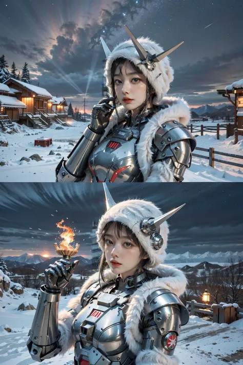 1 girl,<lora:A-RandomSuper[mecha musume,mechanical parts,super robot joints,headgear,full armor]:0.7>mecha musume, mechanical parts, super robot joints, full armor,headgear,  Noboribetsu: Winter in Noboribetsu is a contrast between steaming hot springs and snow-covered landscapes. The geothermal phenomenon of Hell Valley is even more mysterious and spectacular in the snow, and the hot spring water emits an inviting heat in the cold winter.,Glowing campfire under a starry night sky, Resistance Base in the Crait system: In this base, members of the Resistance are preparing to evacuate in a tense atmosphere. Chaos and anxiety fill the air as fighters and equipment are quickly loaded onto transport ships, and faces are filled with determination and resolve.