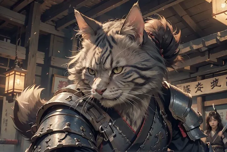 c4ttitude, samurai, watchful, almond-shaped eyes, furrowed brow, sleek fur, warrior, disciplined, focused, armored kimono, guarded coverage, steel, clawed paws, katana, feudal Japan, street, honor, duel, confrontation scene,
<lora:c4ttitudeflexver:0.6>