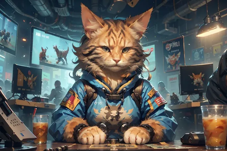 c4ttitude, gamer, strategic, focus-eyed, confident grin, digital-pattern fur, challenger, agile, engaging, game-themed bodysuit, 8-bit coverage, nylon, quick paws, controller, cybernetic arena, digital realm, strategy, showdown, gaming scene,
 <lora:c4ttitudeflexver:1>