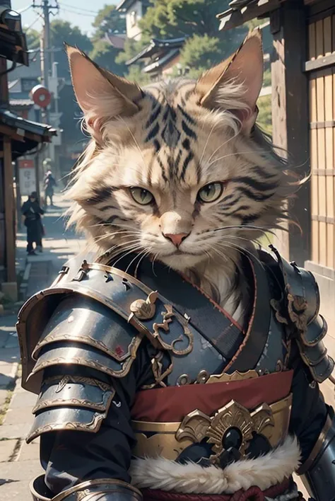c4ttitude, samurai, watchful, almond-shaped eyes, furrowed brow, sleek fur, warrior, disciplined, focused, armored kimono, guarded coverage, steel, clawed paws, katana, feudal Japan, street, honor, duel, confrontation scene,
<lora:c4ttitudeflexver:0.6>