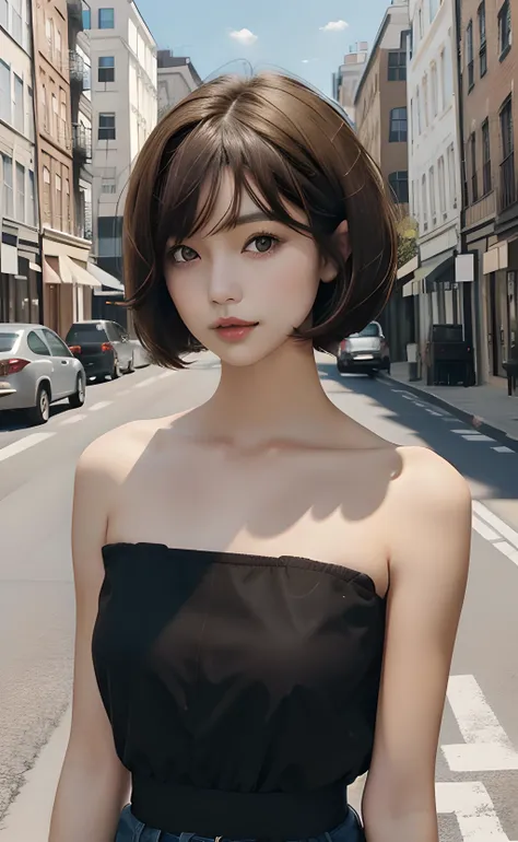 1girl, upper body, standing, short hair, bob cut, brown hair, brown eyes, black tube top, strapless, collarbone, bare shoulders, bare arms, outdoors, city, street, blue sky, sunlight