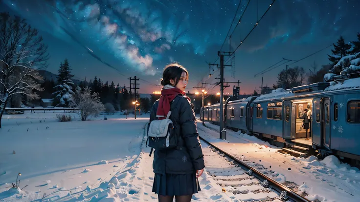 Best quality, masterpiece, ultra high res,(photorealistic:1.4),(winter scene:1.5),(1girl:1.2),red scarf,school uniform,(night sky:1.4),(standing on train platform:1.3),from behind, intricate details, full body, side view,  <lyco:[LoHa] White Dew Style(With multires noise version):0.5>  <lora:epi_noiseoffset2:0.8>