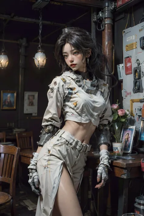 (RAW photo, 4k, masterpiece, high res, extremely intricate) (photorealistic:1.4), cinematic lighting 1girl, solo focus, summer noon, hot, 1990s \(style\),cowboy shot,indoors,the upper part of the body, masterpiece, best quality, masterpiece,best quality,official art,extremely detailed CG unity 8k wallpaper, beautiful detailed eyes, artbook, photo, real, realistic,  futuristic_knight, (silver spiked hair), energy_crown, space station, Expressive Hues, Vibrant Palette,Black and white clothes,
<lora:OC:0.4> <lora:nijiMecha:0.5> <lora:LowRA:0.5> <lora:FilmVelvia:0.5> <lora:add_detail:0.5> <lora:RX78_V1:0.7>