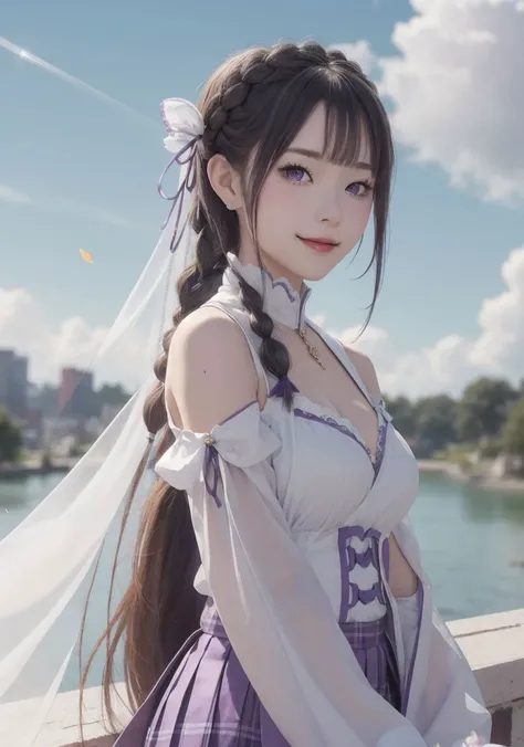 Emilia,
<lora:EmiliaV2:0.7>,
masterpiece, best quality,
1girl, bangs, bare_shoulders, blunt_bangs, blurry, blurry_background, blurry_foreground, blush, braid, breasts, cleavage, closed_mouth, cloud, crown_braid, day, depth_of_field, detached_sleeves, dress, emilia_\(re:zero\), eyebrows_visible_through_hair, flower, gem, hair_flower, hair_ornament, hair_ribbon, lens_flare, long_hair, looking_at_viewer, low-tied_long_hair, medium_breasts, one_eye_closed, outdoors, pleated_skirt, pointy_ears, purple_eyes, purple_ribbon, ribbon, silver_hair, skirt, sky, smile, solo, very_long_hair, white_flower,