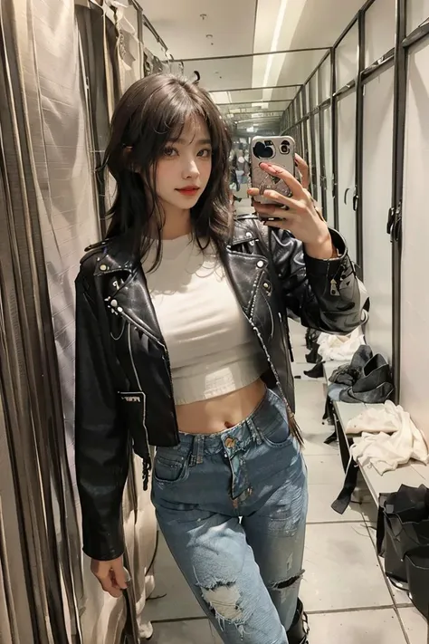 masterpiece, best quality, 1girl,long_hair,light smile, blunt bangs,looking at viewer,selfies,cowboy shot,(shot_hair:2),(Leather_jacket_with_fringe:1.5),(Distressed_boyfriend_jeans:1.4),(Biker_boots:1.3),
(realistic:1.5), cinemagraph,<lora:2023-05-26_114104:0.6> <lora:BeautyNwsjMajic2-01:0.4>