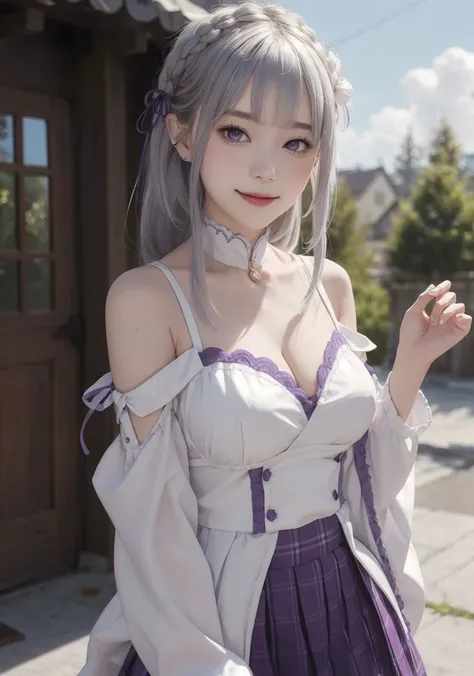 Emilia,
<lora:EmiliaV2:0.7>,
masterpiece, best quality,
1girl, bangs, bare_shoulders, blunt_bangs, blurry, blurry_background, blurry_foreground, blush, braid, breasts, cleavage, closed_mouth, cloud, crown_braid, day, depth_of_field, detached_sleeves, dress, emilia_\(re:zero\), eyebrows_visible_through_hair, flower, gem, hair_flower, hair_ornament, hair_ribbon, lens_flare, long_hair, looking_at_viewer, low-tied_long_hair, medium_breasts, one_eye_closed, outdoors, pleated_skirt, pointy_ears, purple_eyes, purple_ribbon, ribbon, silver_hair, skirt, sky, smile, solo, very_long_hair, white_flower, BREAK, white hair,