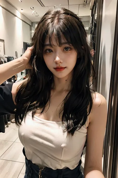 masterpiece, best quality, 1girl,long_hair,light smile, blunt bangs,looking at viewer,selfies,cowboy shot,(shot_hair:2),
(realistic:1.5), cinemagraph,<lora:2023-05-26_114104:0.6> <lora:BeautyNwsjMajic2-01:0.4>