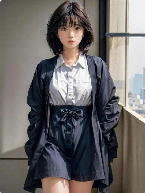 <lora:akinanakamori:0.7>,  <lora:add_detail:0.3>, 
best quality, masterpiece, (realistic, film photography:1.2), fujifilm, photorealistc, haze-light-1800,
analog film, cinematic lighting, depth of field, sharp camera focus, 1 woman,  80s, elegant, relaxed, peaceful, depressed, smile,
beautiful face, sexy and cute, straight hair ends, (akina nakamori's hair, short hair, black hair:1.3), (golden brown eyes:1.3), intricate eyes, blush, 
(cute doll collar shirt, dress, smooth skin texture, navy blue cardigan coat, bare legs, full body, standing, posture:1.2),
dim room, summer, windy, sweating hot, evening, sunset, chill, relaxing, indoor, home, detailed background,