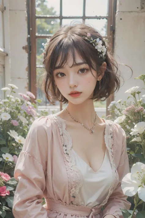 1girl,flower, Lisianthus ,in the style of light pink and light azure,