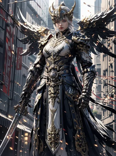 (masterpiece:1.2, best quality:1.1),8K,intricate details,HD,best illustration,wall-paper,intricate details,8K Hd wallpaper:1.6,
1girl, weapon, solo, sword, 1girl, armor, long hair, holding, wings, holding weapon, holding sword, white hair, standing, halo, shoulder armor, helmet, covered eyes, joints, facing viewer, feet out of frame, robot joints, glowing, breastplate, gauntlets, building, white armor, android, full armor, pauldrons, city, horns, robot, glowing weapon, looking at viewer, cityscape, angel wings, breasts<lora:cnjj_20230628055345:0.75> <lora:cnwx_20230621020215:0.4> <lora:cnkj_20230615004359:0.3>