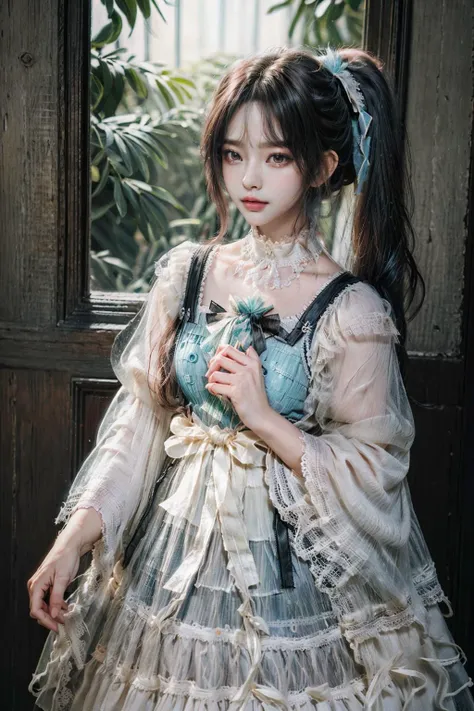 (Absurdres:1.2), beautiful and aesthetic, masterpiece, best quality, extremely detailed,Nikon AF-S Nikkor 85mm f/1.4G lens,
photo realistic:1.4 , delicate pattern, (intricate detail,extremely intricate:1.2),70mm telephoto lens,
(masterpiece:1.2, best quality), (highly detailed:1.3), realistic, realistic details, detailed, <lora:more_details:0.6>,
------
<lora:tiaraaurellie_v3:0.3>, <lora:girlfriendmixV1_v20:0.4>, <lora:yurisa chan_20230623045200:0.2>
(pureerosface_v1:0.5) , (ulzzang-6500-v1.1), (idol),
smaller head, beautiful face, shaded face, smaller face,
<lyco:GoodHands-beta2:1.0> nice hands, perfect hands
<lyco:fitgirl_v10:0.6>, fit, narrow waist,
(detailed clothes features),Exquisite Makeup, Realistic Skin, beautiful detailed eyes, symmetric eyes,
------
(1girl,solo:1.2), woman, girly, bright eyes, (detailed eyes),
Floating hair,
cowboy shot, full body,
------
One hand behind the head pose,
character focus portrait, solo, half shot, looking down, detailed background, detailed face, (<lora:GlowingRunesAIV3:0.6>, GlowingRunesAI_paleblue, glowing runes theme:1.1), druid, wearing natural colored green clothes, fur-lined, druid staff, feathers, dynamic pose, restoration spell, runes, magic , (style-swirlmagic:0.8), leaves roots, stone, violets, sprouting plants, bushes, dusk, bloom, dense forest in background, natural peaceful atmosphere, ,
------
<lora:lolita_fasion_dress_classic_style2:0.6>
long hair, smaller head, large breasts, high ponytail, beautiful face, shaded face, closed mouth, black hair, smaller face,
Jewelry,Sheer,Detached Sleeves,Frills,Ribbon,long Wavy Hair,Bangs,Lace Choker, lolita_dress