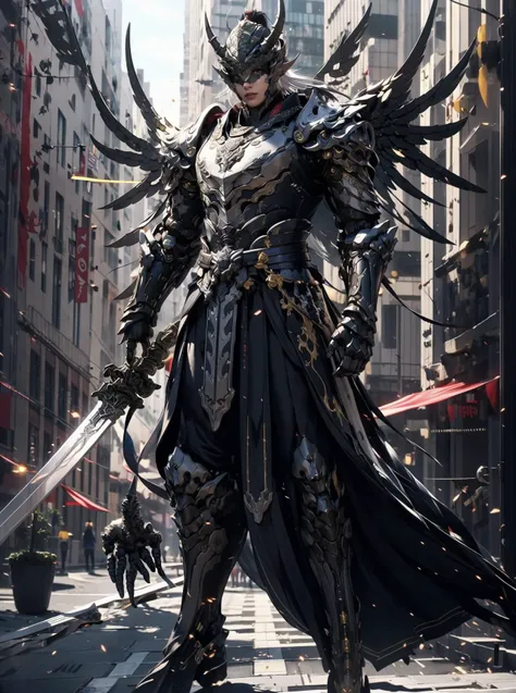(masterpiece:1.2, best quality:1.1),8K,intricate details,HD,best illustration,wall-paper,intricate details,8K Hd wallpaper:1.6,
1girl, weapon, solo, sword, 1girl, armor, long hair, holding, wings, holding weapon, holding sword, white hair, standing, halo, shoulder armor, helmet, covered eyes, joints, facing viewer, feet out of frame, robot joints, glowing, breastplate, gauntlets, building, white armor, android, full armor, pauldrons, city, horns, robot, glowing weapon, looking at viewer, cityscape, angel wings, breasts<lora:cnjj_20230628055345:0.75> <lora:cnwx_20230621020215:0.4> <lora:cnkj_20230615004359:0.3>