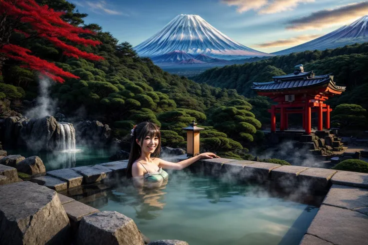 (Traditional Japanese art painting), Mount Fuji in the distance, and the white snow on the top of the mountain as the background, no one in the scenery, bright sunlight shining on the hillside all the way to the hot spring water, making people feel like an epic picture Landscapes, (extremely detailed oil painting: 1.2), glow effects, godrays, hand painted, rendering, 8k, octane rendering, cinema 4d, blender, (dimmed lights at night, daytime blue sky, white Mt. Fuji top, green Mt. Fuji slopes, Ancient castle, temple and shrine, traditional Japanese wooden house complex all the way down the mountain, and traditional Japanese hot spring bath, 4k ultra detailed), cinematic sensibility, sharp focus, humorous illustration, great depth of field, masterpiece, color, 3D octane rendering, 4k, concept art, trending on artstation, surreal, vibrant colors, extremely detailed CG unity 8k wallpaper, trending on ArtStation, trending on CGSociety, intricate, high detail, dramatic, absurd, (face_yolov8n:0.3), <lora:more_details:1.0>, <lora:ARWJapanOnsen:1>, ((clise-up Against the background of the ancient castle with white walls in Japan, there is a moat in front of the castle, maple red scene, falling leaves, a Japanese cute girl wearing a traditional Japanese kimono, making cute gestures and a bright smile to the camera:1.3)), <lora:add_detail:0.7>,