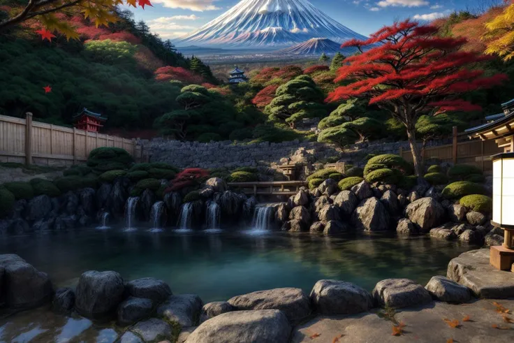 (Traditional Japanese art painting), Mount Fuji in the distance, and the white snow on the top of the mountain as the background, no one in the scenery, bright sunlight shining on the hillside all the way to the hot spring water, making people feel like an epic picture Landscapes, (extremely detailed oil painting: 1.2), glow effects, godrays, hand painted, rendering, 8k, octane rendering, cinema 4d, blender, (dimmed lights at night, daytime blue sky, white Mt. Fuji top, green Mt. Fuji slopes, Ancient castle, temple and shrine, traditional Japanese wooden house complex all the way down the mountain, and traditional Japanese hot spring bath, 4k ultra detailed), cinematic sensibility, sharp focus, humorous illustration, great depth of field, masterpiece, color, 3D octane rendering, 4k, concept art, trending on artstation, surreal, vibrant colors, extremely detailed CG unity 8k wallpaper, trending on ArtStation, trending on CGSociety, intricate, high detail, dramatic, absurd, (face_yolov8n:0.3), <lora:more_details:1.0>, <lora:ARWJapanOnsen:1>, (((close-up Against the background of the ancient castle with white walls in Japan, there is a moat in front of the castle, maple red scene, falling leaves:1.4))), <lora:add_detail:0.7>,