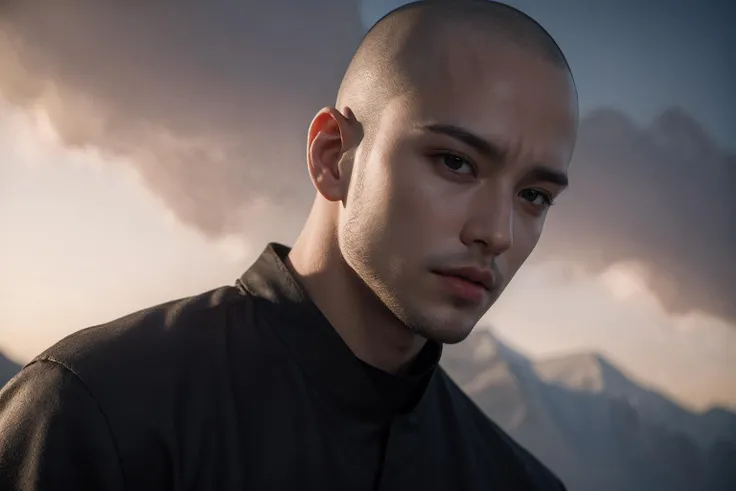 best quality, masterpiece, (photorealistic:1.4), 1boy, bald, skinhead, monk, dramatic lighting <lora:GFman:0.56>