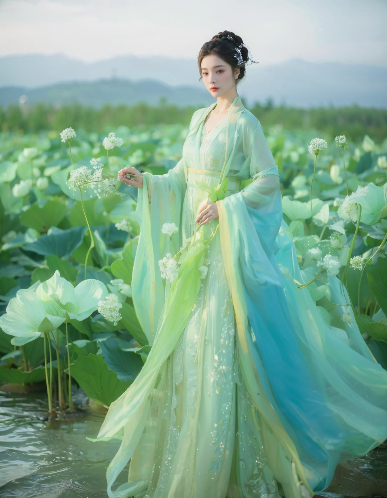 A woman in a green and blue dress standing in a field of water lilies ...