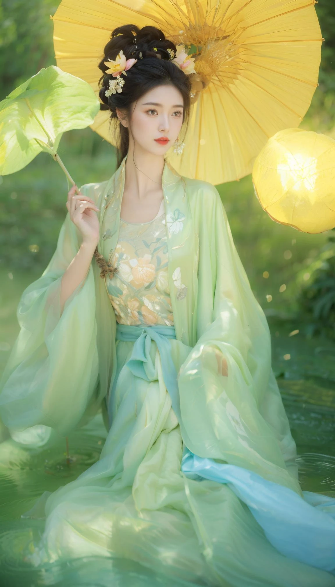 highres, 8k, absurdres
1girl,
Form and shadow, Graceful as a flying wild goose, Graceful as a swimming dragon, Radiant complexion, Resplendent as autumn chrysanthemums, Graceful as spring pine trees, Like drifting clouds concealing the moon, Floating and elusive like falling snow, Bright and clear like the rising sun at dawn, Beautiful as a blooming lotus in green waves, Well-proportioned figure, Fair and delicate skin, Towering cloud-like hair bun, Graceful, arched eyebrows, Rosy lips, white teeth, Bright, sparkling eyes, Sweet dimples, Elegant posture, Gentle and serene demeanor, Exquisite attire of the Luoshen, as described in the painting.
(green and blue:1.2)
(Glowing ambiance, enchanting radiance, luminous lighting, ethereal atmosphere, mesmerizing glow, evocative hues, captivating coloration, dramatic lighting, enchanting aura), ((moon:1)), (masterpiece, top quality, best quality, official art, beautiful and aesthetic:1.2), extreme detailed,(joshua middleton comic cover art:1.2), (Action painting:1.3),(concretism:1.3),theater dance scene,(hypermaximalistic:1.5),colorful,highest detailed,s,
(blue and purple:1.2)<lora:MengX_girl_Mix_v30:0.4> <lora:zhongfenghua:0.15> <lora:add_detail:-1>