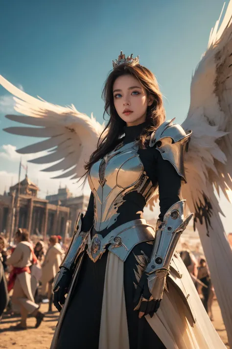 (Best Quality, Masterpiece:1.4), (Realism:1.2), (Realisitc:1.2), (Absurdres:1.2), (photorealistic:1.3), 1girl,Realistic Skin,Solo,( Very Big Eyes,beautiful detailed eyes, symmetric eyes), mechangel, wings, solo, armor, mechanical wings, A supermodel posing dramatically , translucent, cinematic composition, 8K resolution ,(brilliance:1.2),many Circle of Light on above,divine,broken city,cloud, ,kingdom,crown,wind,Lots of feathers,backlighting,intelligence,Disjointed machines,artistic,Canon EOS 1DX Mark III Camera,cocktail dress,(fractale art:1.1), drill hair,festival, <lora:[LoRA] Mecha Angel  Concept (With dropout & noise version):0.8>