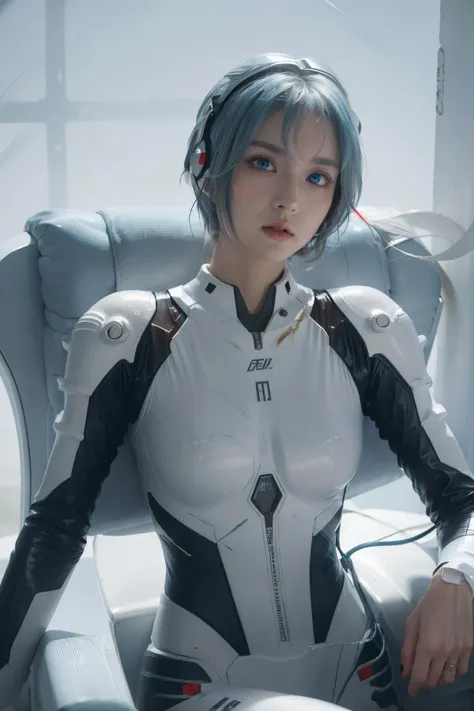 ayanami rei, star_\(sky\), sexy expression, sexy eyes, (red_eyes:1.4), red pupils, medium breasts, smile, cute, short hair, blue hair, plugsuit, white_bodysuit, pilot_suit, starry_sky, on the floor, interface_headset, looking at viewer, (sit pose:1.2), (breast focus:1.2), (realistic:1.2), (cowboy shot: 1.2), (realism), (masterpiece:1.2), (best quality), (ultra detailed), (8k, 4k, intricate), (85mm), light particles, lighting, (highly detailed:1.2), (detailed face:1.2), (gradients), colorful, (detailed eyes:1.2), (detailed sky:1.2), (detailed background), (dynamic angle:1.2), (dynamic pose:1.2), (Line of action:1.2), wide shot, nightlight, solo.