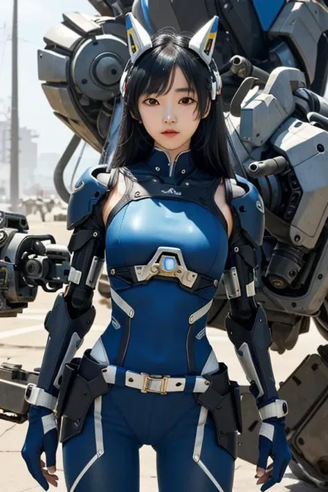Highest quality,masterpiece,Ultra-high resolution, Very detailed, 8k,(Beautiful woman),Beautiful Japanese Women:1.5,Black Hair、 (black and white robot suit, Military Harness, Plump, Slightly thicker)