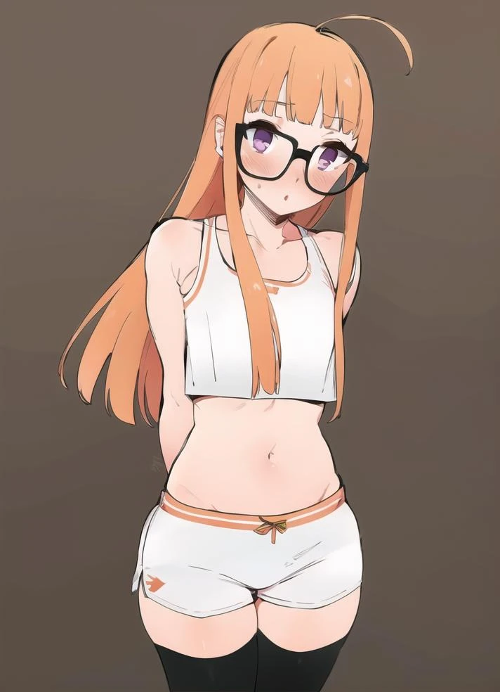 dsfutaba, orange hair, long hair, blunt bangs, ahoge, purple eyes, glasses, striped thighhighs, athletic shorts, crop top, perfect skin, perfect lighting, simple background, bedroom_eyes, :o, open_mouth, standing, skin blush, arms_behind_back, solo, 1girl, 
line art, sketch, drawing, visible lines, 
<lora:homebrew_kenshin187:0.9> ,<lora:dsfutaba-v2:0.7>