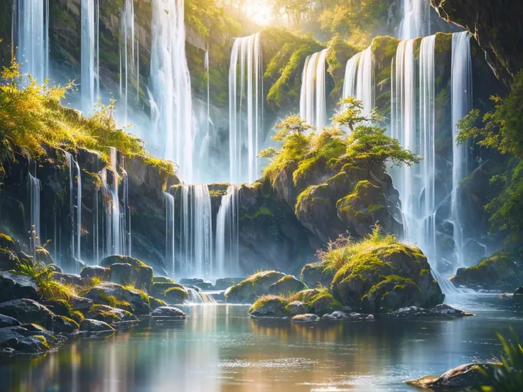 A chaotic rushing waterfall in a serene beautiful landscape, ray tracing, detailed reflections, Intricate, High Detail, dramatic, best quality masterpiece, photorealistic, detailed, 8k, HDR, backlighting, bloom, light sparkles, chromatic aberration, sharp focus