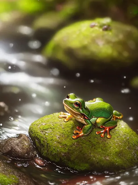 A tiny green frog with red stripe on a mossy rock near a rushing creek, ray tracing, detailed reflections, Intricate, High Detail, dramatic, best quality masterpiece, photorealistic, detailed, 8k, HDR, backlighting, bloom, light sparkles, chromatic aberration, sharp focus