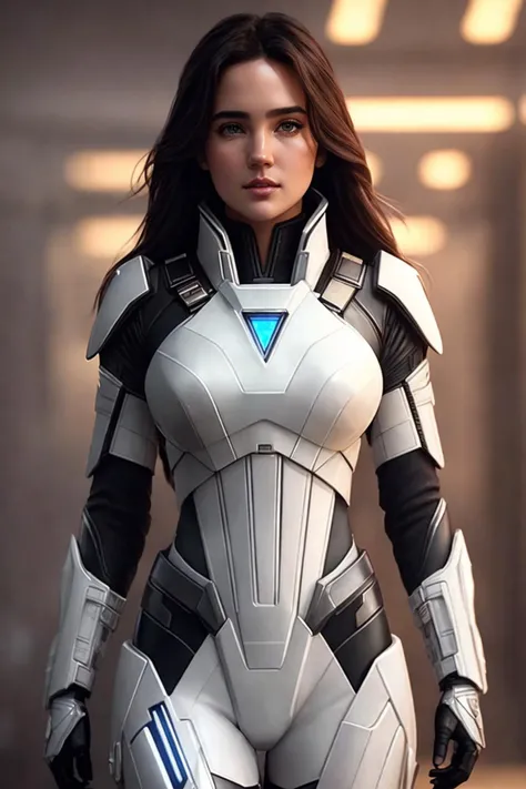 picture of (jenn1f1850:0.99), a woman as Mass Effect's Miranda Lawson, (Mass Effect style), (wearing futuristic white armor), (black hair:1.1), modelshoot style, (extremely detailed CG unity 8k wallpaper), photo of the most beautiful artwork in the world, professional majestic oil painting by Ed Blinkey, Atey Ghailan, Studio Ghibli, by Jeremy Mann, Greg Manchess, Antonio Moro, trending on ArtStation, trending on CGSociety, Intricate, High Detail, Sharp focus, dramatic, photorealistic painting art by midjourney and greg rutkowski, (wearing an elegant suit with neckline), (spaceship), (looking at viewer), (detailed pupils:1.3), closeup
