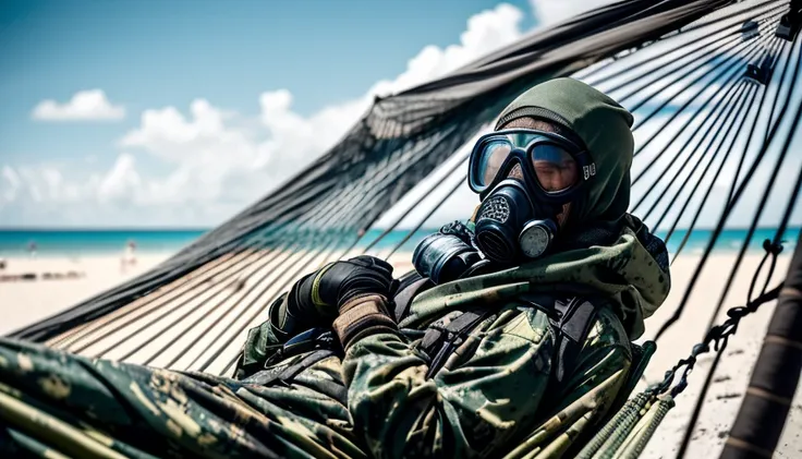 paint splatters, deadly stalker from chernobyl in a gasmask (relaxing in a hammock on a sunny beach), weathered, futuristic, highly detailed, portrait, sharp focus, photograph, cinematic lighting, octane render, 4k, bokeh, close-up, close-up by Larry Kelly, extremely Highly detailed