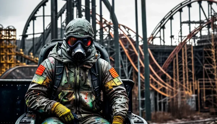 paint splatters, deadly stalker from chernobyl in a gasmask (sitting in a rollercoaster), vacation, weathered, futuristic, highly detailed, sharp focus, photograph, cinematic lighting, octane render, 4k, bokeh, wide-shot, by Larry Kelly, extremely Highly detailed