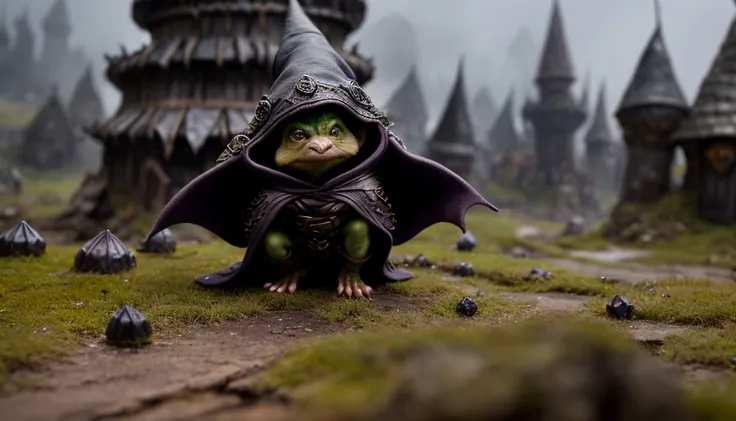 tiny goblin witch wearing intricate cloak and leather armor in a desolate and destroyed fantasy village, fearsome, dramatic, detailed eyes, waist up, medium shot, best quality masterpiece, photorealistic, detailed, 8k, HDR, shallow depth of field, broad light, high contrast, backlighting, bloom, chromatic aberration, sharp focus, RAW color photo, close-up