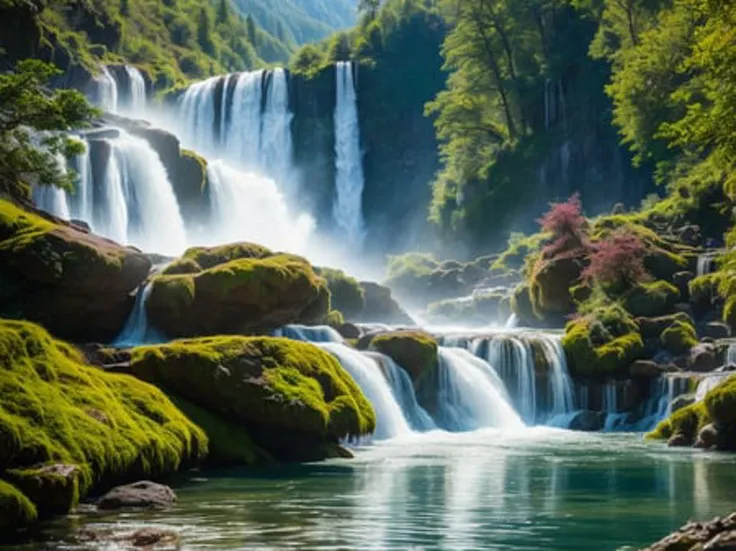 A chaotic rushing waterfall in a serene beautiful landscape, ray tracing, detailed reflections, Intricate, High Detail, dramatic, best quality masterpiece, photorealistic, detailed, 8k, HDR, backlighting, bloom, light sparkles, chromatic aberration, sharp focus