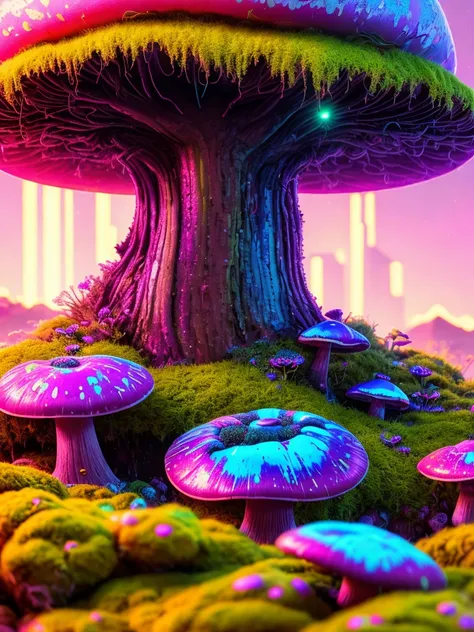 swpunk, synthwave, paint splatters, (extremely detailed 8k wallpaper), a crazy alien landscape with giant glowing mushrooms and colorful moss growing on rocks, ray tracing, detailed reflections, Intricate, High Detail, dramatic, best quality masterpiece, photorealistic, detailed, 8k, HDR, backlighting, bloom, light sparkles, chromatic aberration, sharp focus