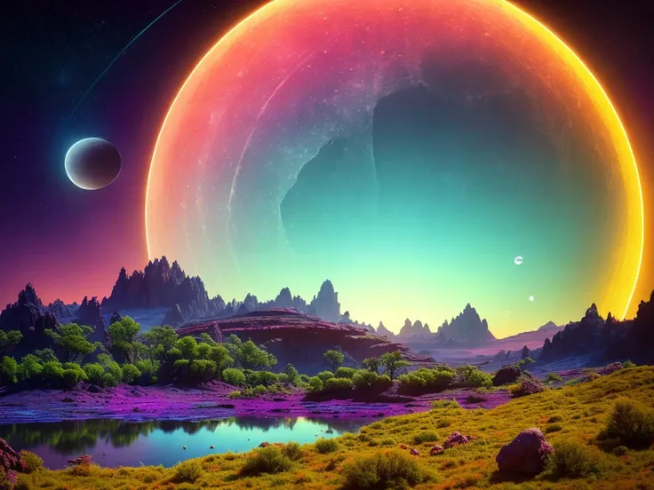 A lush alien landscape on a ringed planet with a moon in the sky, vivid colorful clouds, strange, sci-fi, ray tracing, detailed reflections, Intricate, High Detail, dramatic, best quality masterpiece, photorealistic, detailed, 8k, HDR, backlighting, bloom, light sparkles, chromatic aberration, sharp focus