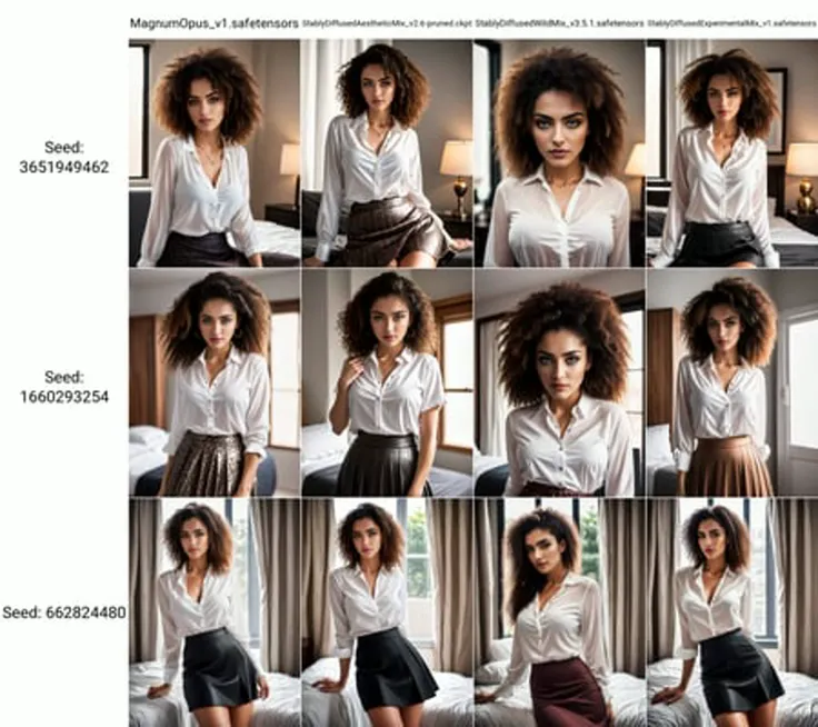 woman with curly hair wearing a skirt and blouse with detailed seductive alluring eyes in a modern bedroom, best quality masterpiece, photorealistic, detailed, 8k, HDR, shallow depth of field, broad light, high contrast, backlighting, bloom, light sparkles, chromatic aberration, sharp focus, RAW color photo