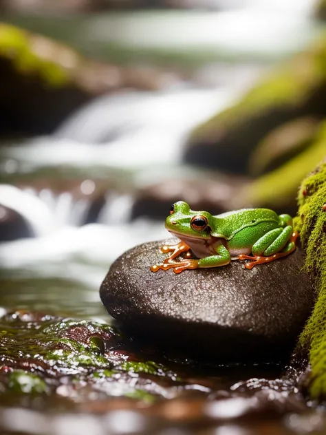 A tiny green frog with red stripe on a mossy rock near a rushing creek, ray tracing, detailed reflections, Intricate, High Detail, dramatic, best quality masterpiece, photorealistic, detailed, 8k, HDR, backlighting, bloom, light sparkles, chromatic aberration, sharp focus