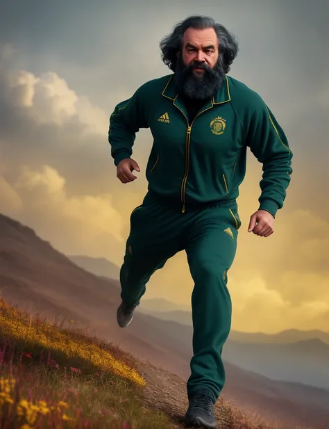 close up photo Karl Marx runs along the top of a mountain, in a tracksuit, professional photographer, kodak, dressed, Aheago, open mouth, full smile, (hdr:1.4), digital painting, (cinematic lighting:1.2), masterpiece, ultra-realistic 8k, perfect artwork, intrincate details, colorful, award winning photograph, golden hour, in tall long field