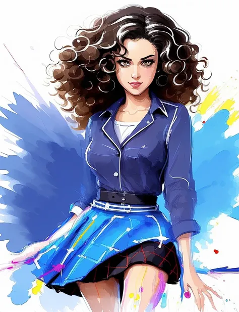 ((speed painting:1.4)), vector, graphic novel, woman with curly hair wearing a skirt and blouse with detailed seductive alluring eyes in a modern bedroom,