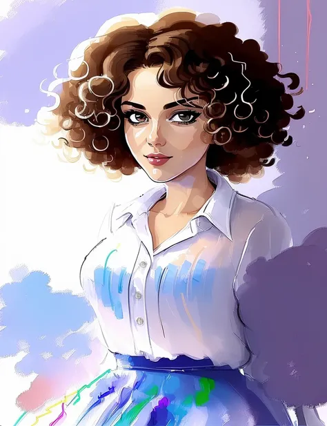 ((speed painting:1.4)), vector, graphic novel, woman with curly hair wearing a skirt and blouse with detailed seductive alluring eyes in a modern bedroom,