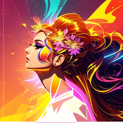 modelshoot style, A illustration, concept art, visual art,((vector style)), (flat color), golden colors,  anime, a world in beautiful  woman head with lightning, colorful shine, flowers, fantasy, artstation, beautiful, epic, crystalline, colorful, vivid, HD, highly detailed, rim lighting, god rays